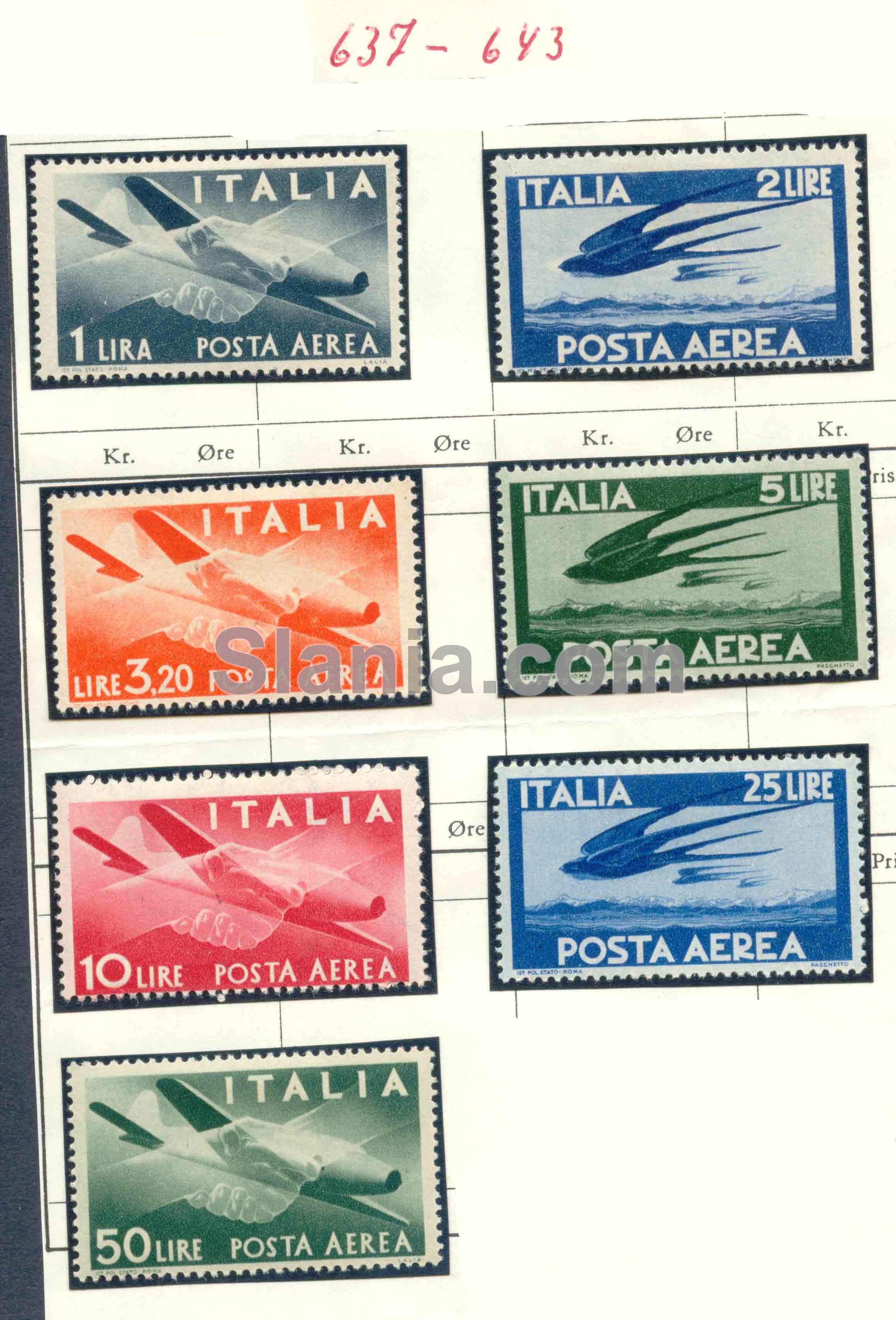 1 Lira, 2 Lire, 3,20 Lire, 5 Lire, 10 Lire, 25 Lire og 50 Lire flyvemaskiner "Democratica"