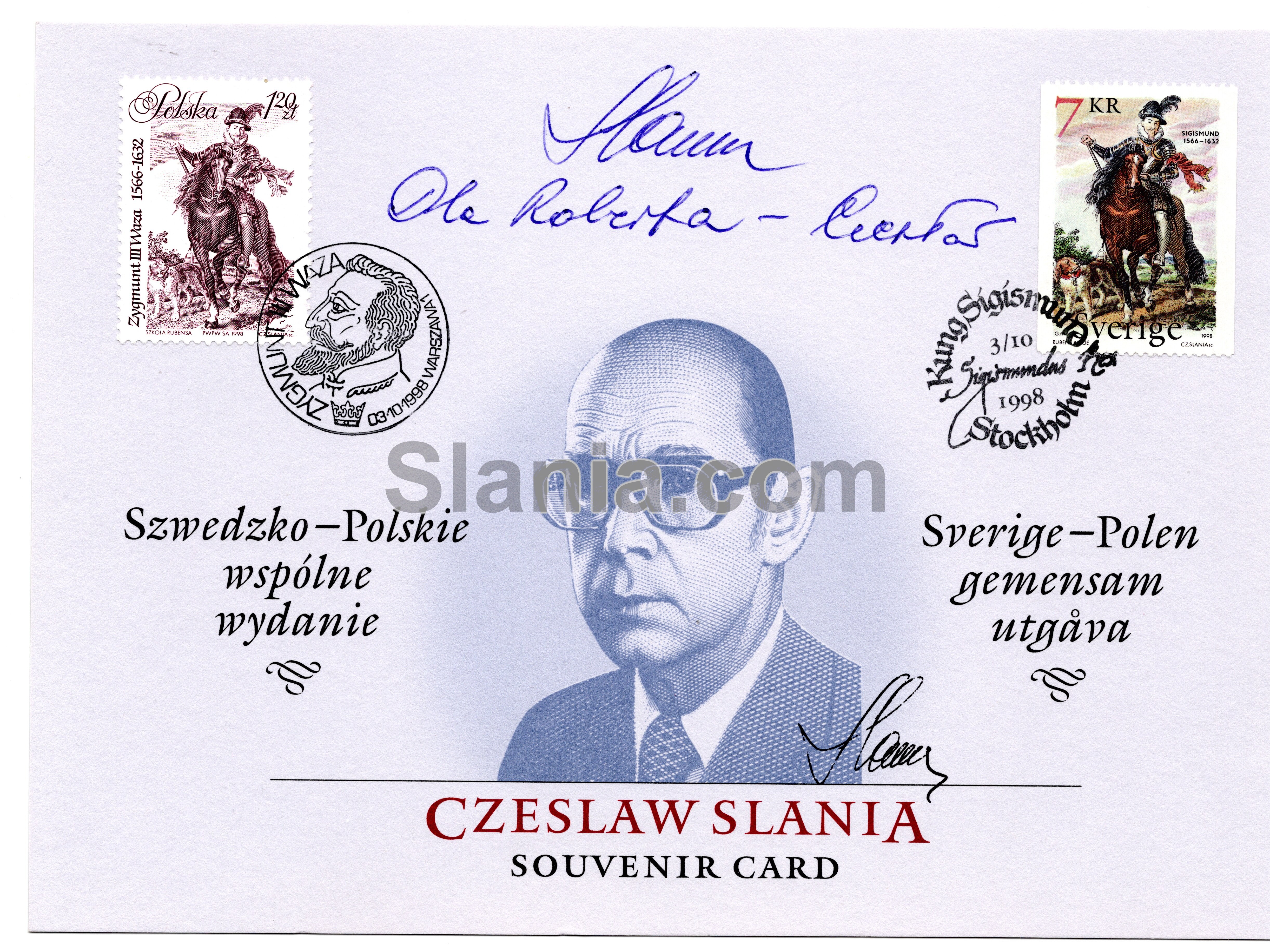 Erindringskort (souvenir card) fra 1998 med portræt og signatur af Czeslaw Slania.