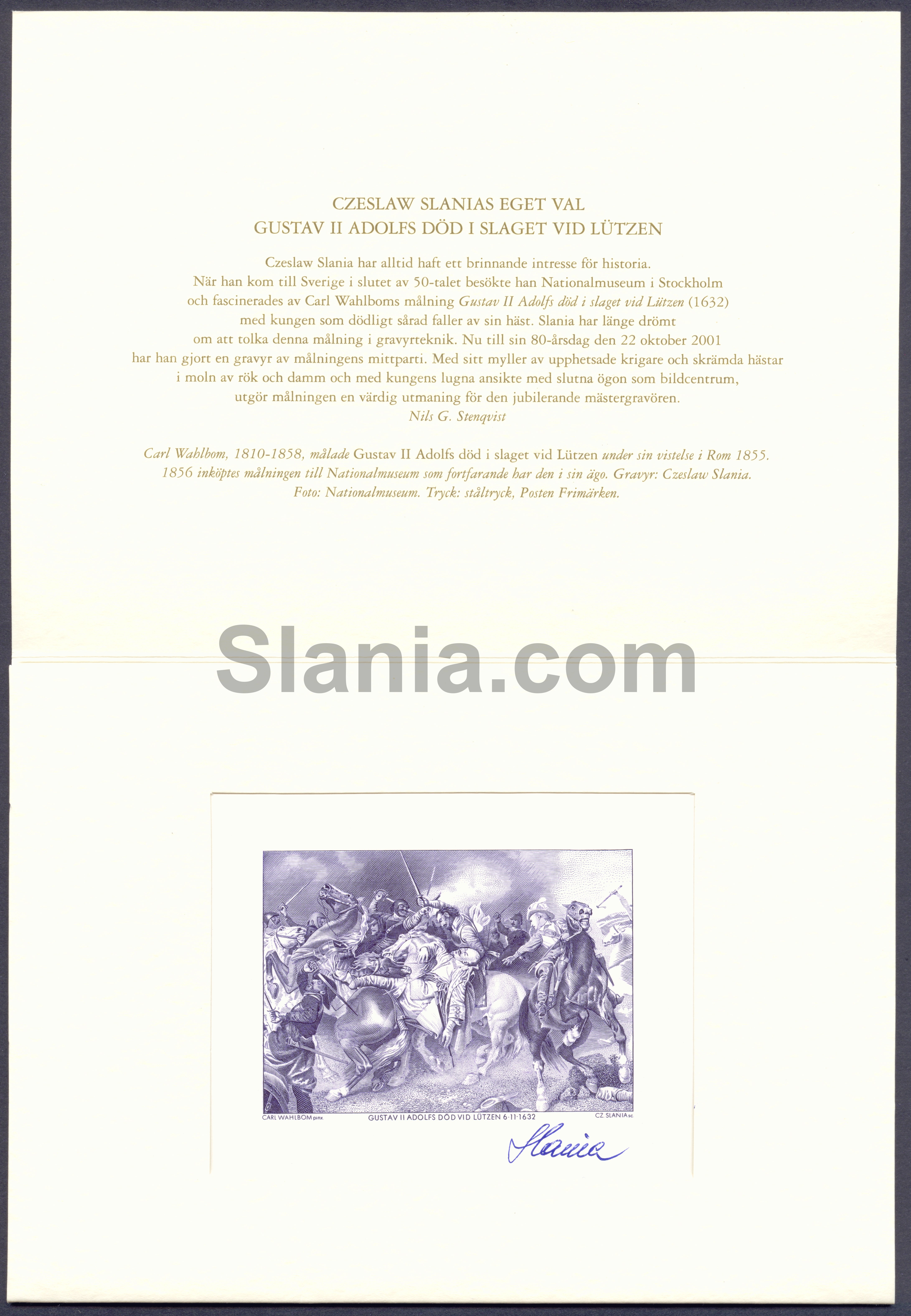 Gustav II Adolfs død ved Lützen, udført af den kendte gravør Czeslaw Slania, underskrevet